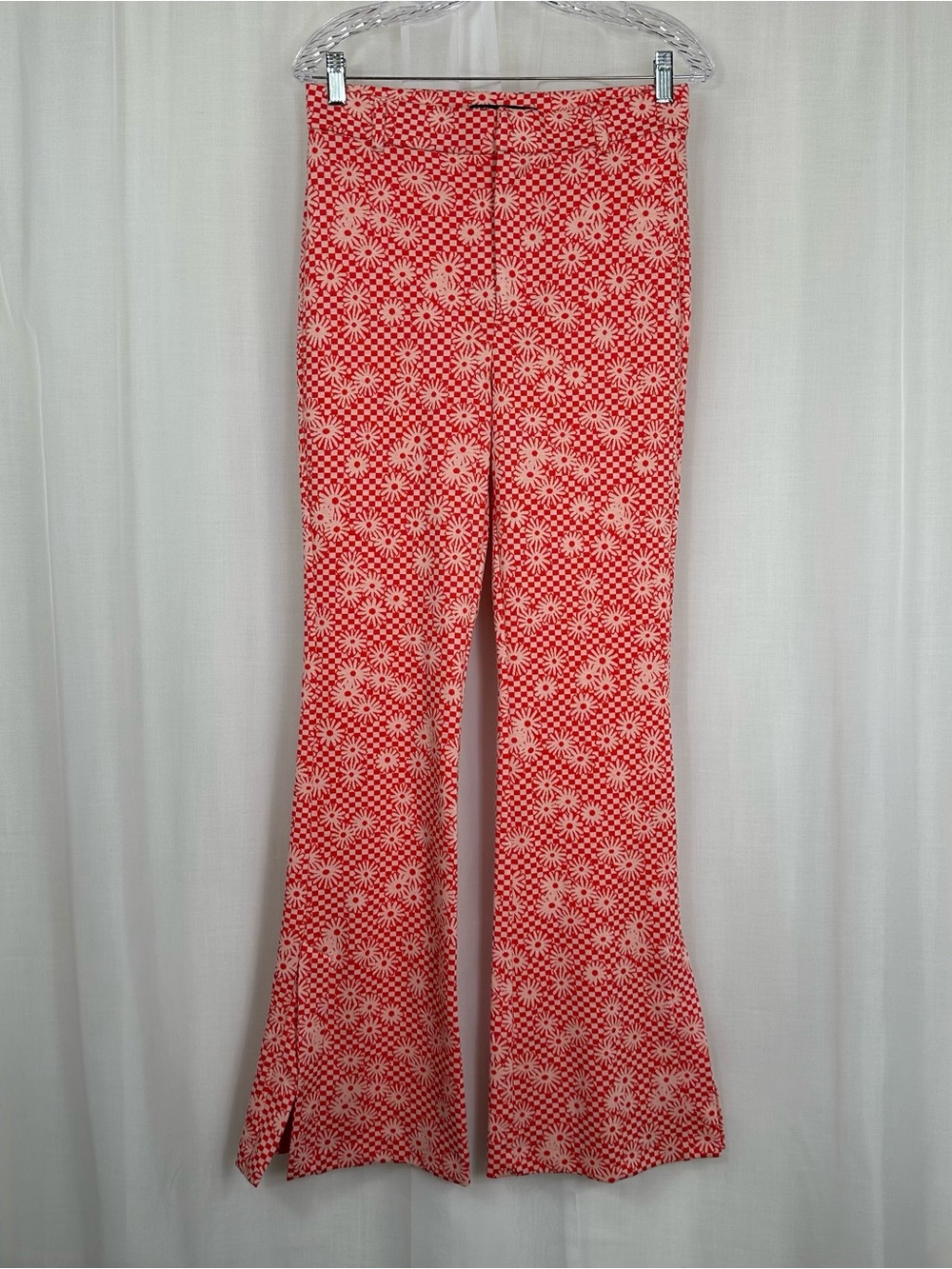 Zara Retro Daisy Flower Checkered High Rise Flare Pants Side Slit Red Pink L